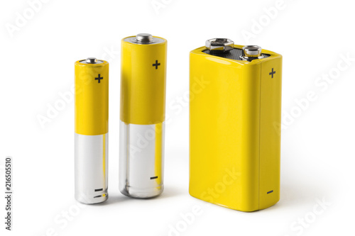 Three batteries (AAA, AA and PP3), isolated on white background