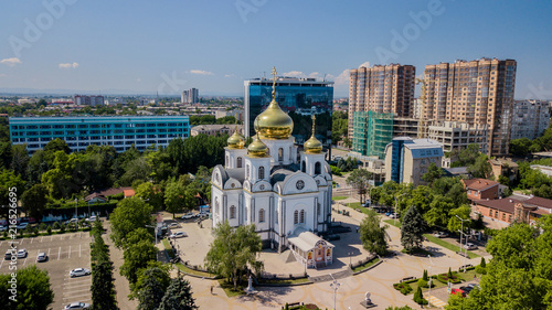 Aerial view of St. Alexander Nevsky Cathedral in the city of Krasnodar