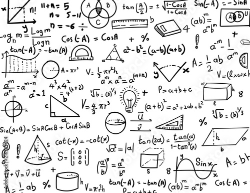 Maths and Trigonometry hand drawn formulas and drawings Background