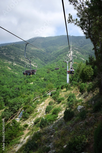 Gelendzhik, Russia - June 27, 2018: Cableway in Safari park leading to the top of the Markotkh ridge