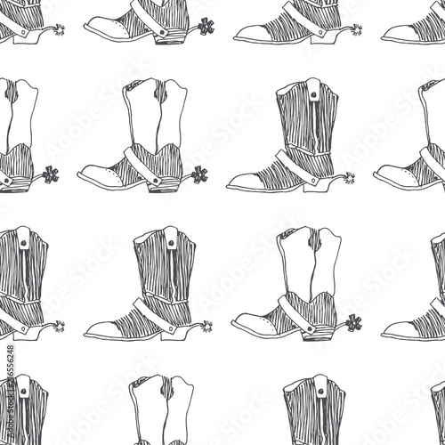 Vector seamless pattern with wild west symbol. Cowboy boots with spurs sketch. Hand drawn texture with old american shoes isolated on white