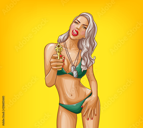 Wektorowa wystrzał sztuki ilustracja gangsterska dziewczyna w zielonym bikini, zbrojącym z pistoletem odizolowywającym na żółtym tle. Pin-up plakat z wojskową seksowną kobietą trzyma w ręku rewolwer i flirtuje