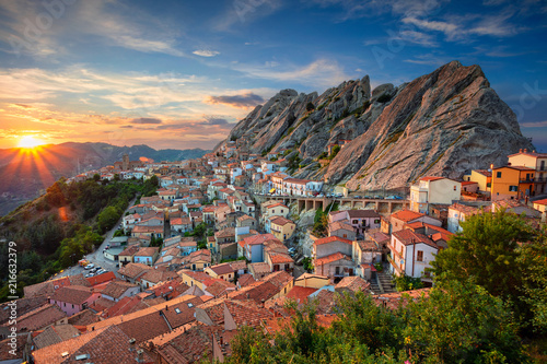 Pietrapertoza, Italy. Cityscape aerial image of medieval city of Pietrapertoza, Italy during beautiful sunset.