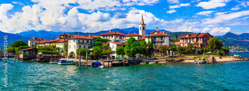 Beautiful romantic lake Lago Maggiore - view of island "Isola dei pescatori". Italy