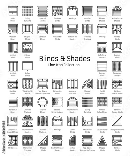 Blinds & Shades. Window shutters & panel curtains. Home decor elements. Window coverings. Line icon collection.
