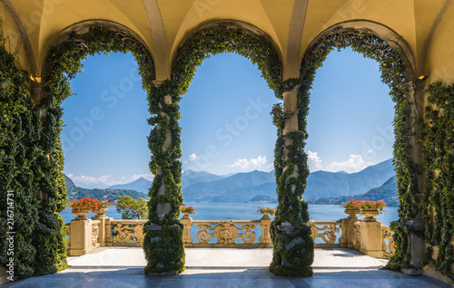 Scenic balcony overlooking Lake Como in the famous Villa del Balbianello, in the comune of Lenno. Lombardy, Italy.