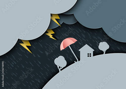 Raining day on rainy season monsoon background with umbrellas paper art style.Vector illustration.