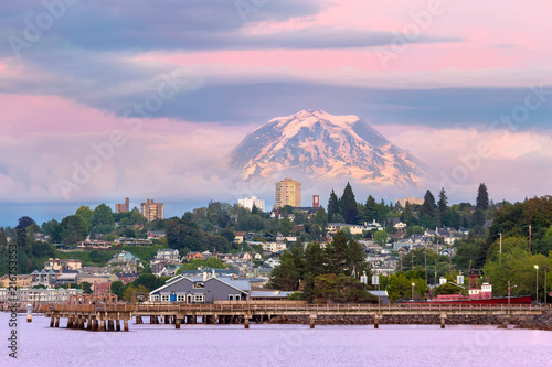 Mount Rainier over Tacoma WA Waterfront at Dusk