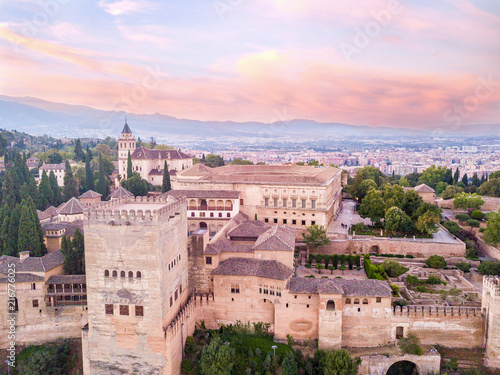 Alhambra. palace and fortress complex located in Granada, Andalusia, Spain. Sunrise. Aerial photo from drone. Beautiful historical architecture