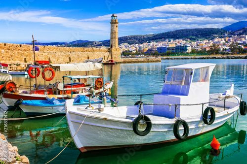 Pictorial colorful Greece series - Rethymnon with old lighthouse and fishing boats, Crete island