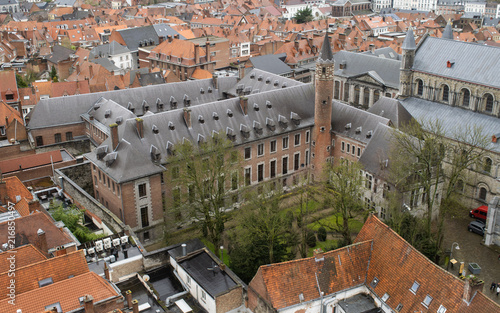 View of historic buildings attached to the Notre Dame Cathedral in Tournai, Belgium