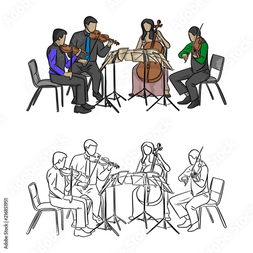 group of musicians playing in quartet vector illustration sketch doodle hand drawn with black lines isolated on white background