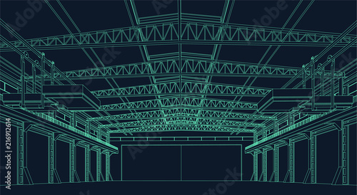 wire frame illustration of an industrial warehouse or hangar for virtual reality