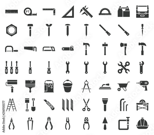 carpenter, handyman tool and equipment icon set, glyph design