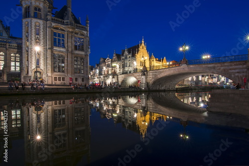 St. Michael's Bridge and Graslei quay in medieval Gent at night, Belgium