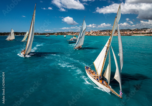 French Riviera - old sail race start aerial view with Antibes view