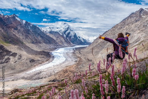 Beautiful landscape of D rang-Drung Glacier with flowers, Mountain glacier on zanskar road at Himalaya Range, Zanskar, Jammu and Kashmir.