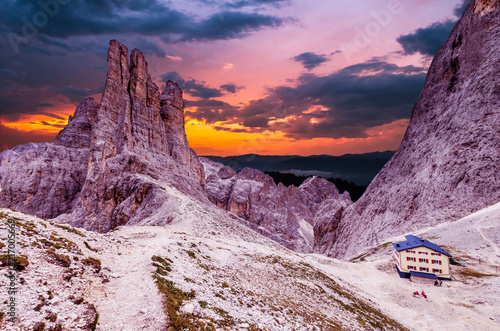 Torri Vajolet at sunset in Rosengarten Catinaccio massif. Beautiful view in Dolomites mountains, Alto Adige, South Tyrol, Italy