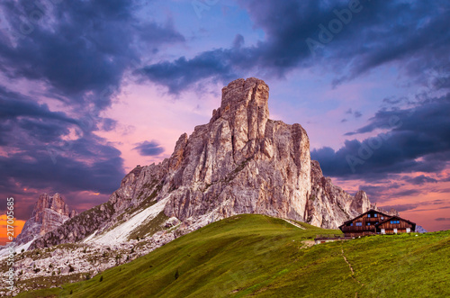Sunset over Nuvolau massif in Dolomiti, Italy. View from Passo Giau over mount Ra Gusela, South Tirol, dolomites mountains, Alto Adige