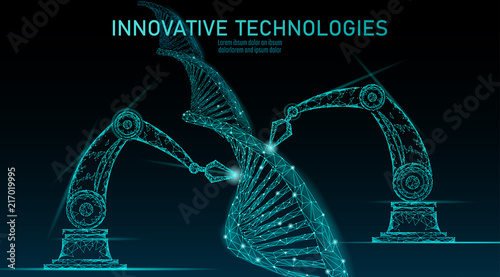 Low poly chemical DNA synthesis science concept. Polygon lab chemistry genetic engineering reactor. Modern innovation evolution organism technology product laboratory robotic ai vector illustration