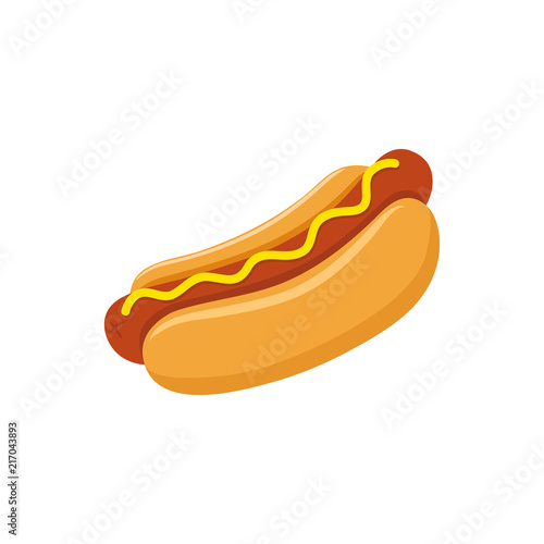 Hot dog with mustard colorful vector cartoon. Fast food hot dog vector clipart icon.