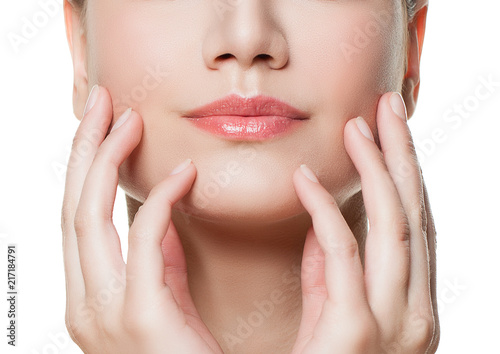 Female Lips and Manicured Hands Closeup Isolated on White Background
