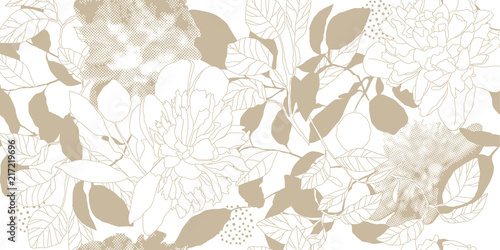 Hand drawn seamless vector pattern. Golden peonies and leaves on a white background for printing, fabric, textile, manufacturing, wallpapers.