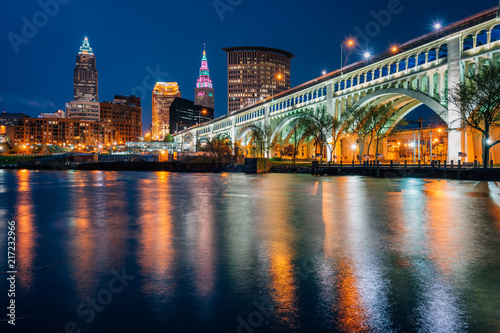 The Cleveland skyline and Detroit-Superior Bridge at night, in Cleveland, Ohio