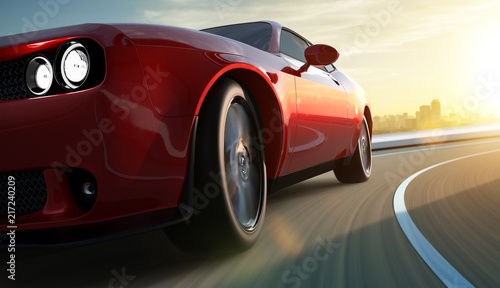 Closeup front and low angle view of a generic red brandless American muscle car in a city street road with motion blur . Transportation concept . 3D Rendering . Mixed media .