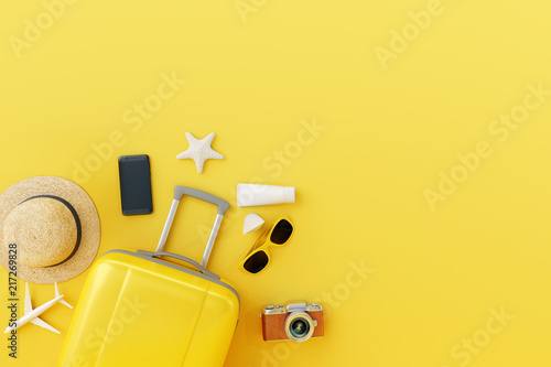 Flat lay yellow suitcase with traveler accessories on yellow background. travel concept. 3d render