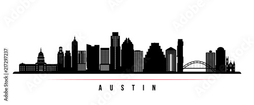 Austin city skyline horizontal banner. Black and white silhouette of Austin city, USA. Vector template for your design.