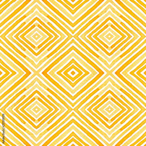 Orange Geometric Watercolor. Delicate Seamless Pattern. Hand Drawn Stripes. Brush Texture. Fine Chev