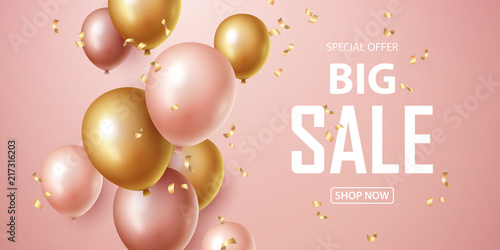 Sale banner with pink and gold floating balloons. Vector illustration.