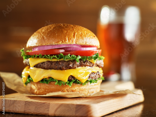 double cheese burger with beer