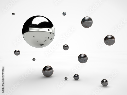 the image of the array floating in space metal of spheres, of different sizes, balls with reflections, the idea of weightlessness, of order and beauty. Illustration on white background. 3D rendering