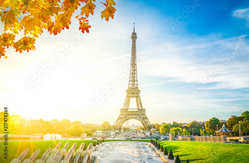 Eiffel Tower from Trocadero at autumn sunrise, Paris, France, retro toned
