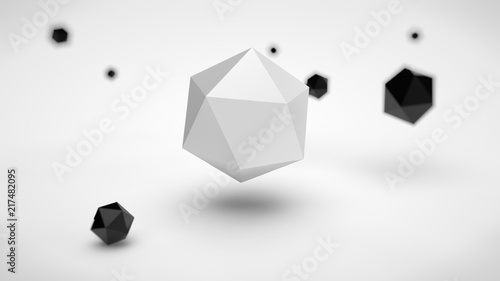 the image of the array of polyhedra in the space, with different depth of field, black, and one gray polyhedron in the center, on a white background. 3D rendering