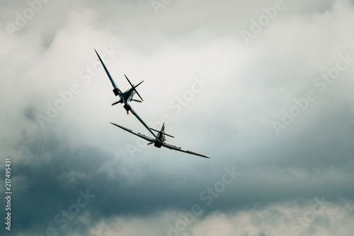 A hurricane and a spitfire during an airshow in Clacton, England
