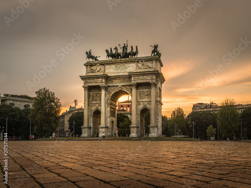 milano city center arco della pace at sunset monument