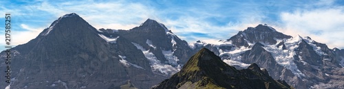 A beautiful panoramic view on Eiger north face, Monch and Jungfrau seen from Mannlichen (in the foreground) in the summer. High resolution image. Bernese Alps - Switzerland.