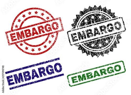 EMBARGO seal prints with corroded surface. Black, green,red,blue vector rubber prints of EMBARGO title with corroded style. Rubber seals with circle, rectangle, rosette shapes.