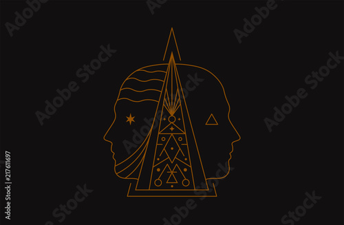 Symbol Human Heads. Pyramid dualism mystic occult illustration.