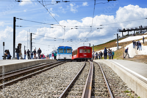 Rigi bahn electric cable tram on Rigi kulm Luzern Switzerland, Alpine mountain