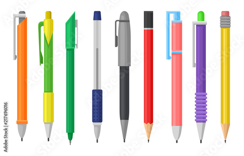 Flat vector set of colorful pens and pencils. Stationery supply. School or office tools for writing and drawing