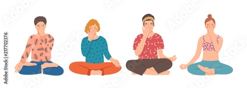 Group of people sitting cross-legged on floor and performing yoga breathing exercise. Young men and women practicing Pranayama and meditating. Colorful vector illustration in flat cartoon style.