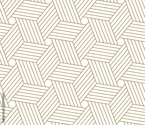 Modern simple geometric vector seamless pattern with gold line texture on white background. Light abstract wallpaper, bright tile backdrop.