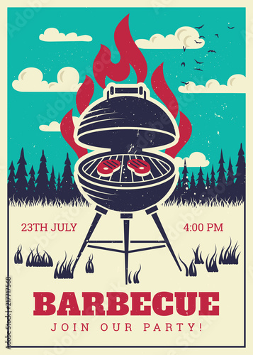 Vintage bbq grill party poster. Delicious grilled burgers, family barbecue vector invitation card