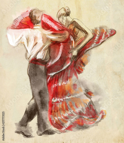 Spanish dancers. An hand drawn illustration, freehand sketching.