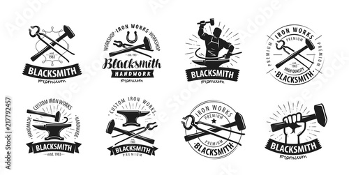 Forge, blacksmith logo or label. Blacksmithing set of icons