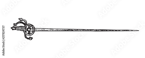 French sword (rapier), hand drawn doodle sketch, isolated vector outline illustration